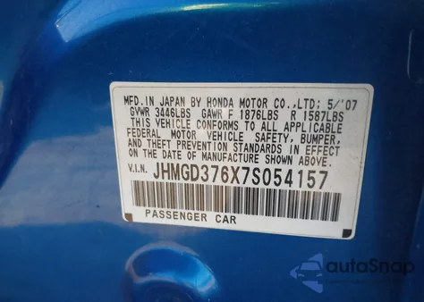 2007 Honda Fit Sport из США, поврежденный, VIN JHMGD376X7S054157